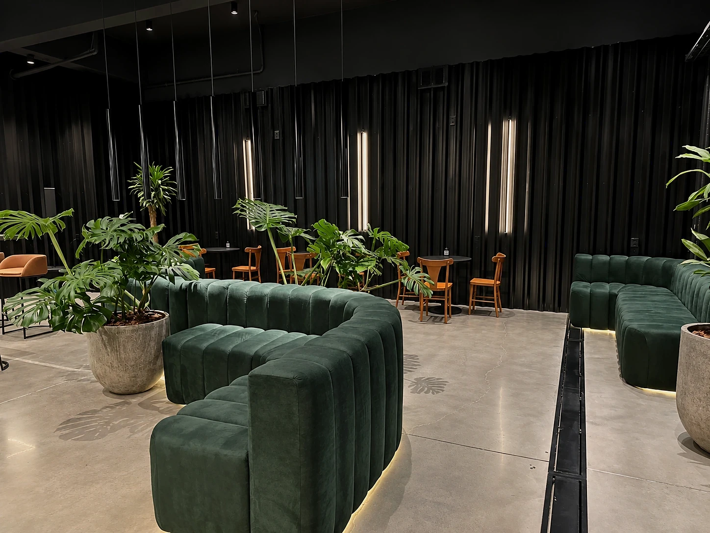 Área de estar do Baco Lounge com sofás verdes curvos, mesas e vegetação.