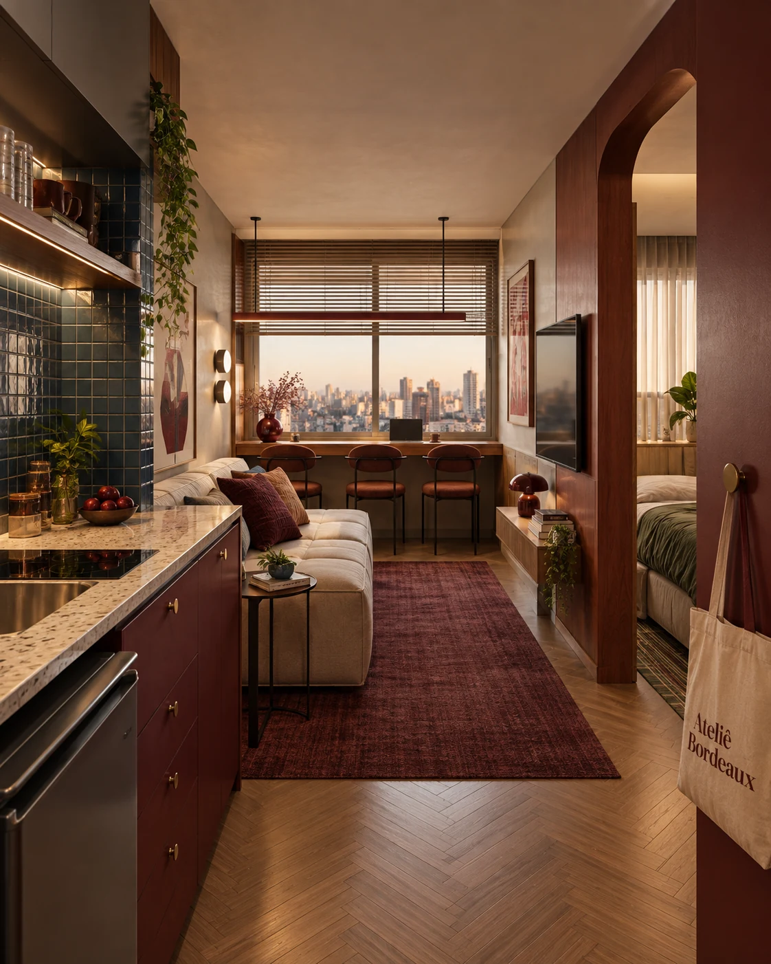 Render do Ateliê Bordeaux com cozinha, estar e bancada junto à janela.