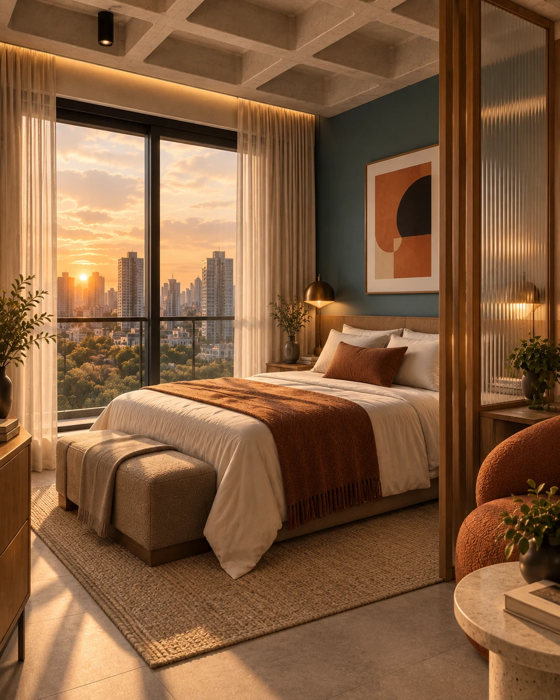 Render do dormitório do Concreto Solar com vista urbana e luz de fim de tarde.