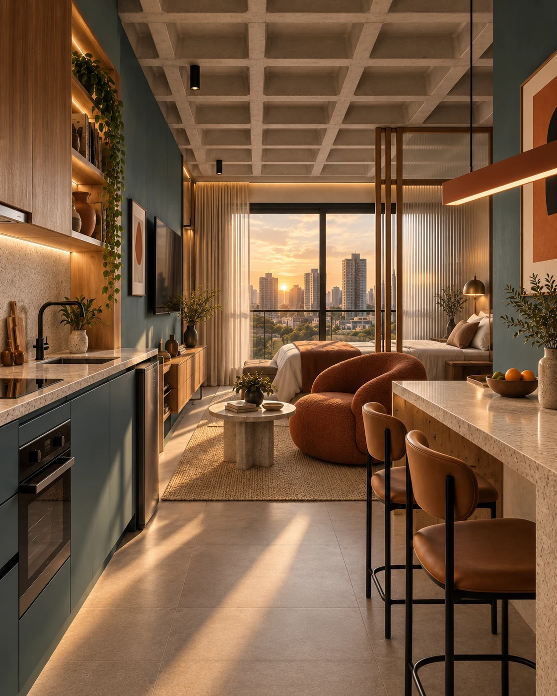 Render do Concreto Solar com cozinha e estar em tons azulados e madeira.