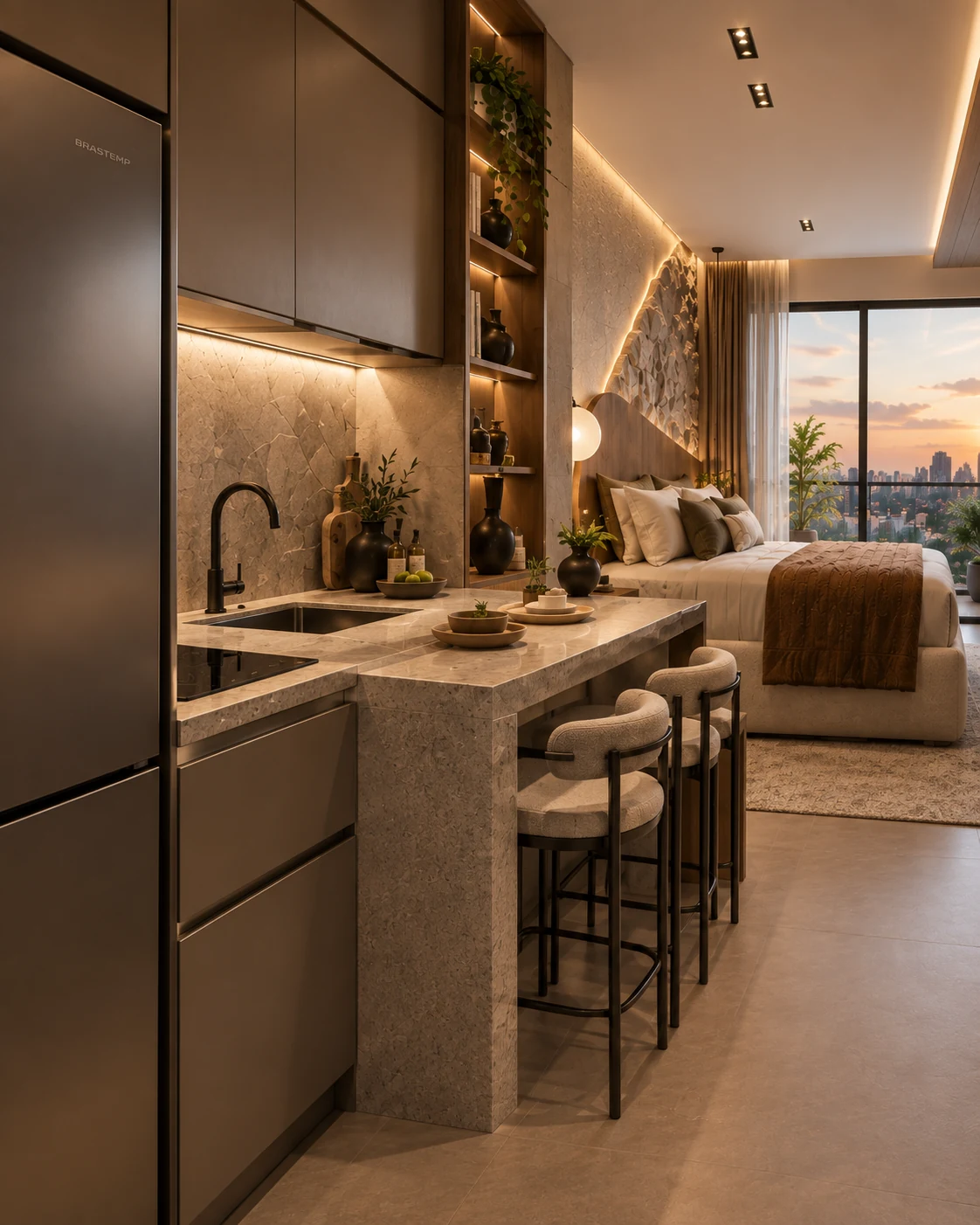 Render do Horizonte Esculpido com cozinha, bancada e dormitório integrados.