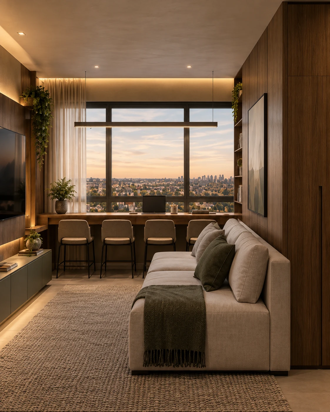 Render do Horizonte Mineral com estar, bancada e janela panorâmica.