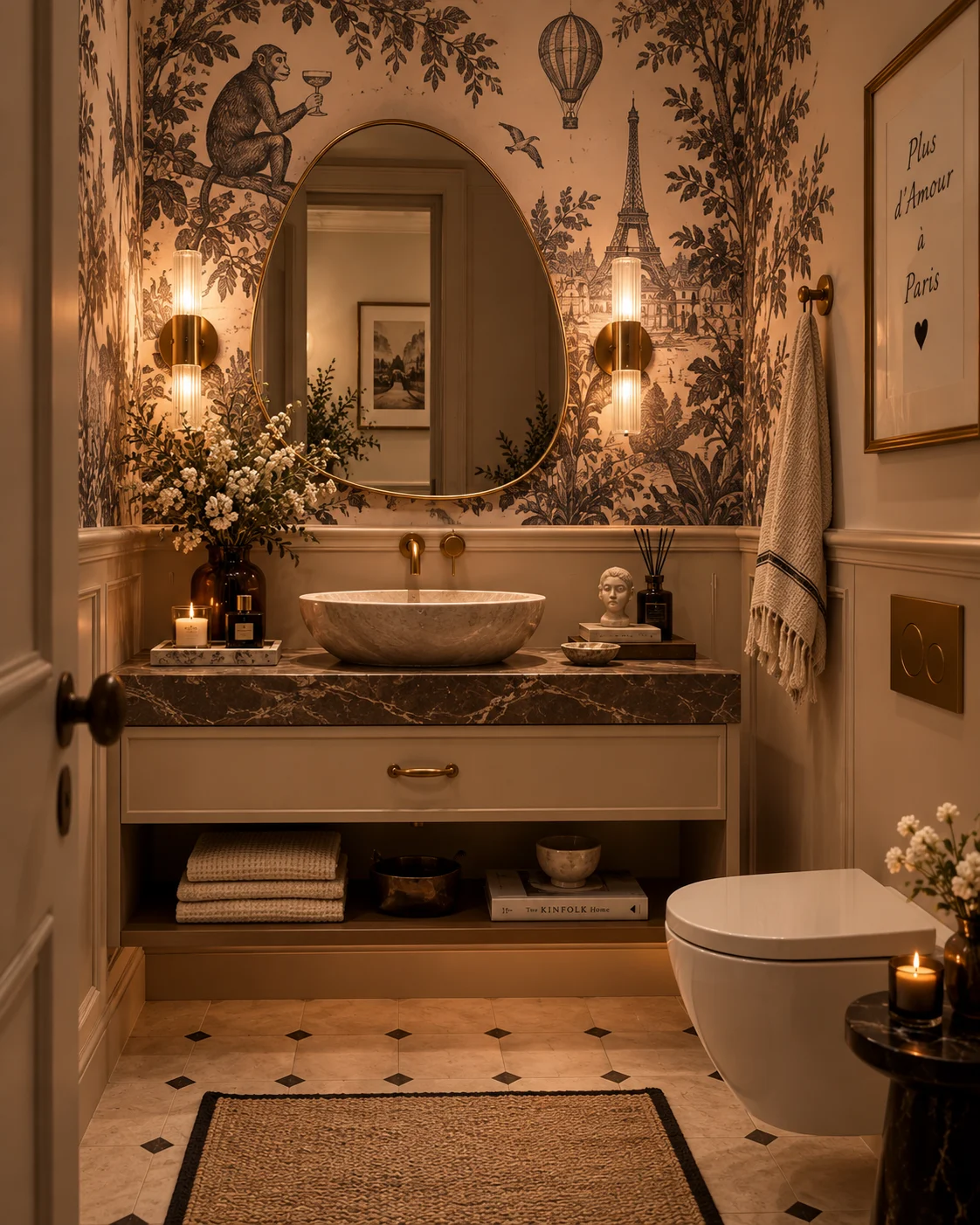 Render do lavabo do Refúgio Parisiense com papel de parede e espelho arqueado.