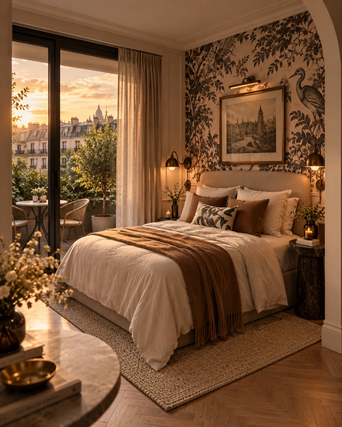 Render do dormitório do Refúgio Parisiense com estampa botânica.