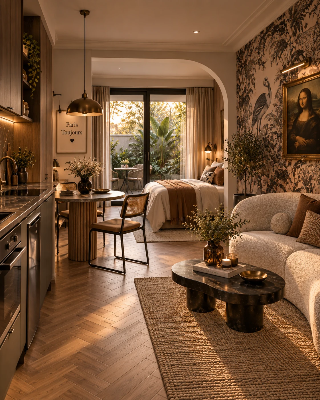 Render do Refúgio Parisiense com estar, cozinha e papel de parede.