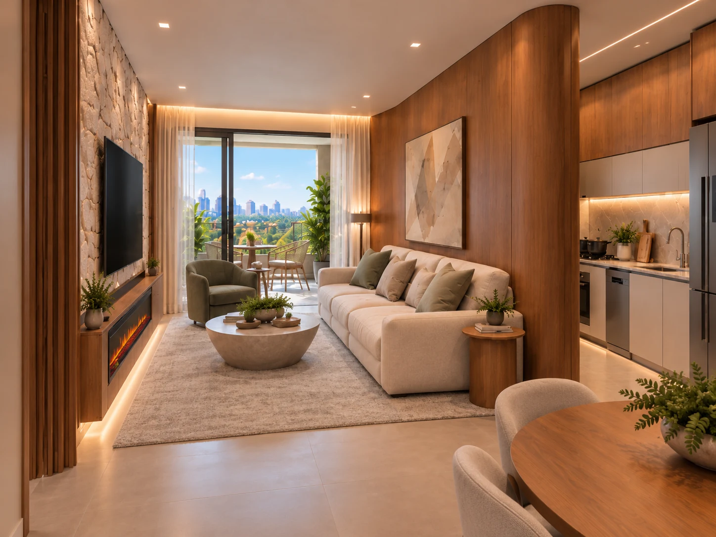 Render do Vista Jardins com sala de estar, cozinha e marcenaria integradas.