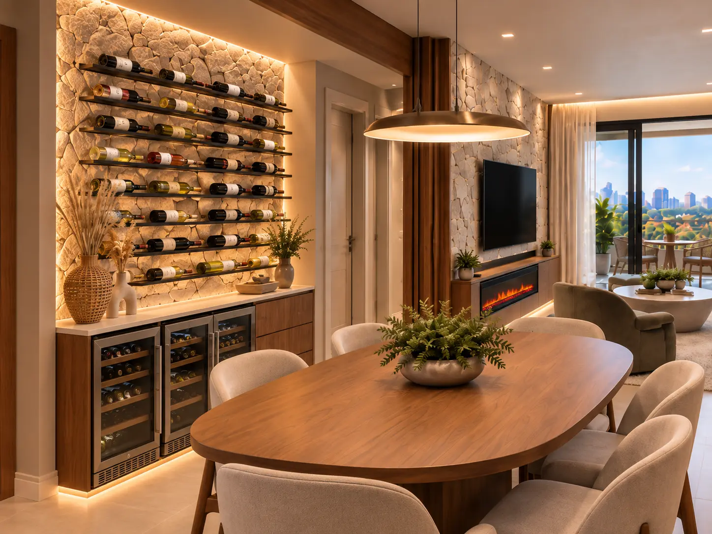 Render da sala de jantar do Vista Jardins com mesa, adega e marcenaria em madeira.