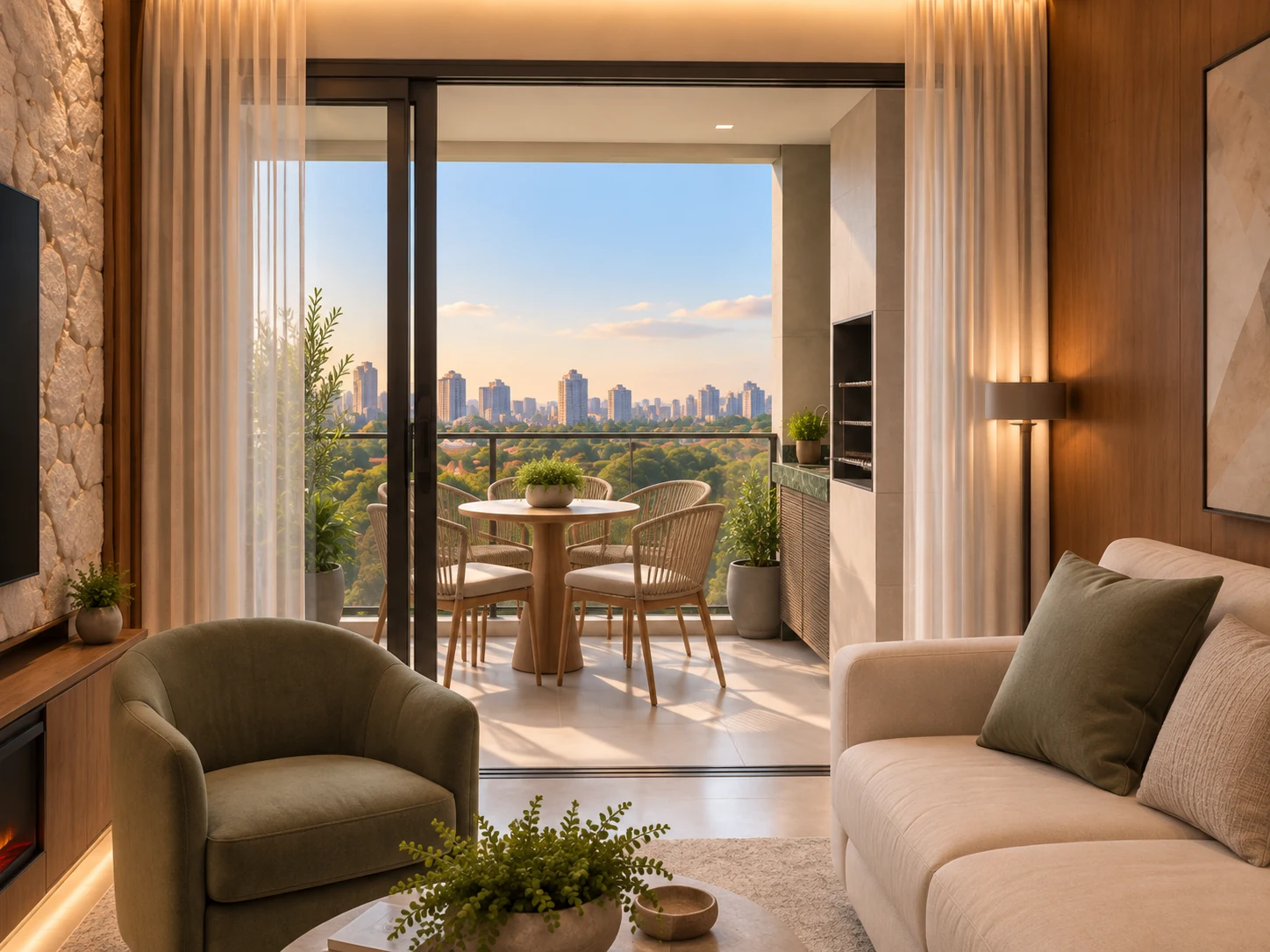 Render do Vista Jardins com estar voltado para a varanda e a paisagem.